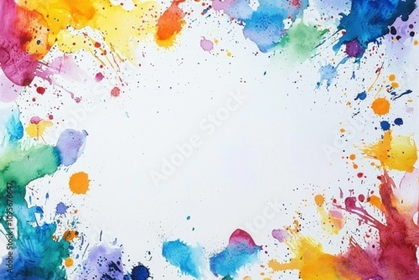 Fototapeta Colorful splashes of watercolor paint creating a vibrant border around a blank white space, perfect for artistic backgrounds or creative projects.