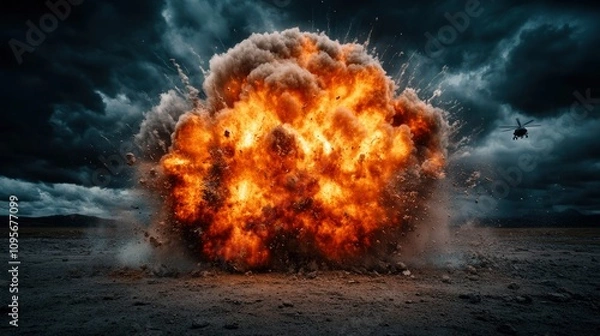 Obraz Massive Explosion with Helicopter in Dramatic Desert Landscape