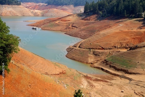 Obraz Shasta Lake during August 2021 in California, low level of water.