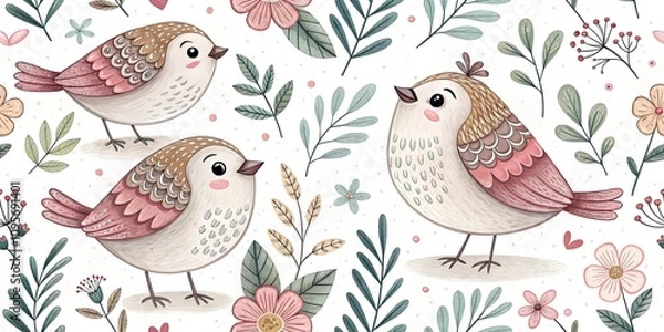 Fototapeta Hand drawn seamless pattern with hand drawn cute birdhouses and cute birds on white background, concept bird protection, bird day, spring arrival, for printing on packages and fabric.