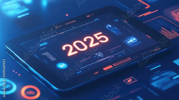 Fototapeta A futuristic tablet displaying the year 2025 with digital interfaces and data elements.