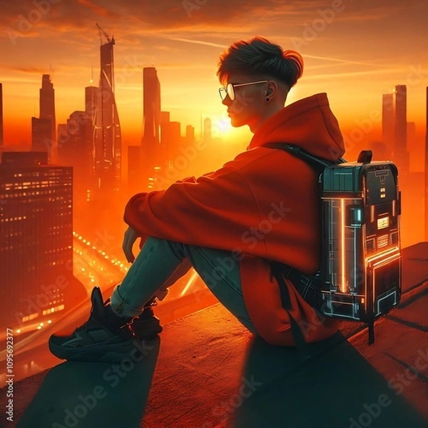 Fototapeta Cyberpunk Sunrise: Futuristic Urban Explorer in Vibrant Orange Glow