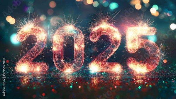 Obraz 2025 New Year Celebration fireworks typography text luminous vibrant bokeh photograph