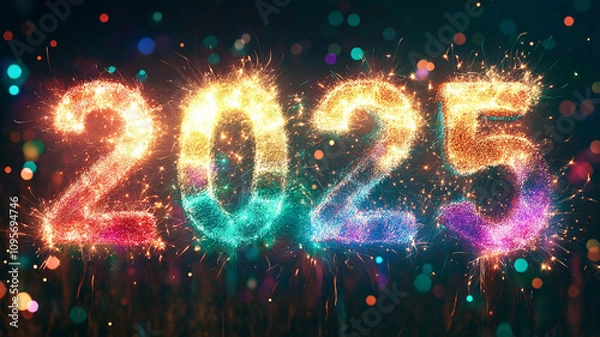 Obraz 2025 New Year Celebration fireworks typography text luminous vibrant bokeh photograph