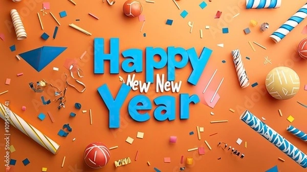 Fototapeta Marking Happy New Year written in bright blue on a vibrant orange background, accented with playful geometric shapes in white.