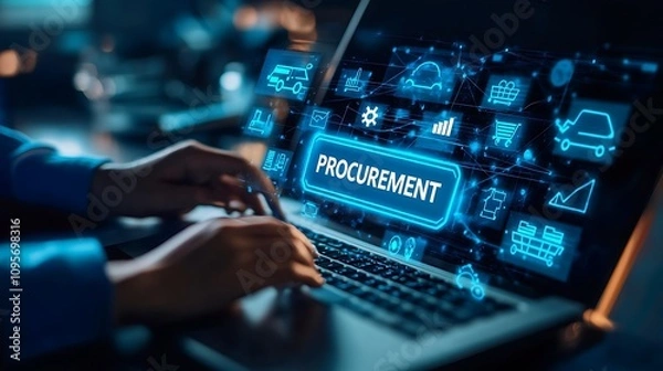 Fototapeta Procurement management and supply chain concept. Procurement icons related to logistics, supply chain, and inventory management. procurement in ensuring efficient business operations. delivery service