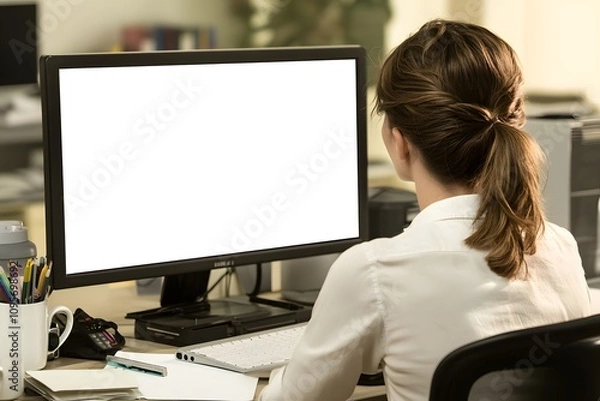 Fototapeta A blank white computer screen with a black frame on an office desk. A woman is looking at the monitor, with coffee mugs and work papers around it. Mockup style