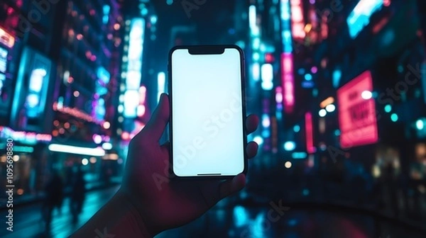 Fototapeta A hand holding a smartphone with a white screen, a cityscape background, neon lights, night time, a cyberpunk theme. Mock up style