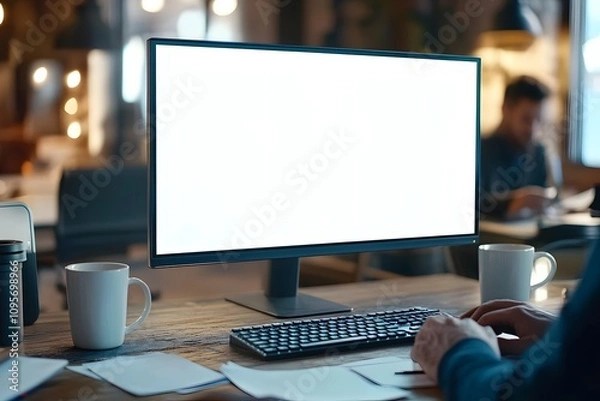 Obraz A person is sitting at an office desk, typing on the keyboard. A large mockup of blank computer screen is visible in front of them, providing space for custom text or images