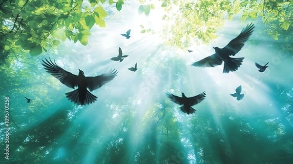 Fototapeta A serene forest scene with birds flying through sunlit rays amidst lush greenery.
