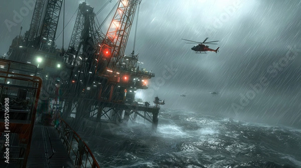 Fototapeta Industrial oil rig in stormy setting with helicopters flying above, showcasing dramatic atmosphere and turbulent sea. scene captures intensity of nature power