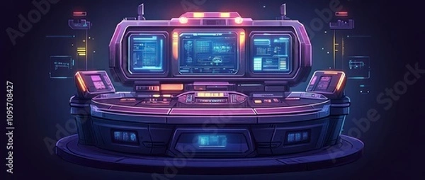 Fototapeta Futuristic control panel with glowing interfaces and screens for high-tech operations.