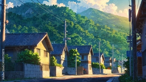 Obraz Charming Anime Town Amidst Scenic Mountains