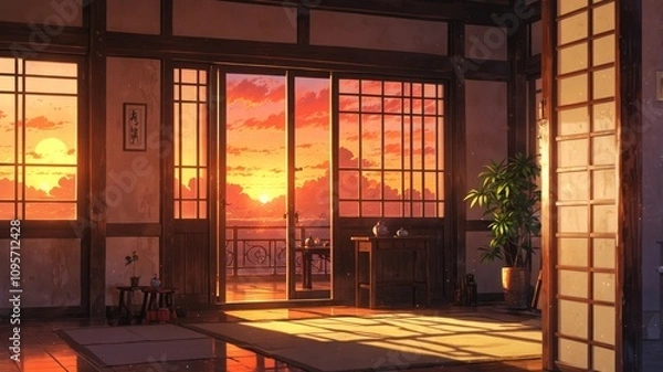 Obraz Cozy Anime Room at Sunset with Soft Lighting