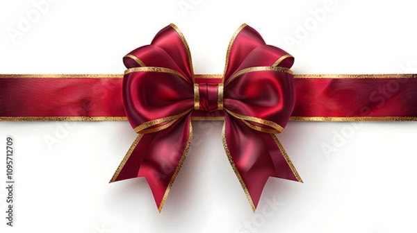 Obraz Elegant Red and Golden Ribbon and Bow on White Background – Minimalist Decorative Design Perfect for Gift Wrapping, Packaging, Social Media, Invitations, Branding, Ads, Product Catalogs, E-commerce