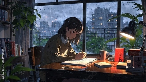 Obraz Cozy Study Scene with Anime Girl in Rainy Setting