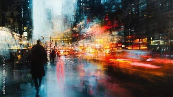 Fototapeta A blurred urban scene depicting a busy street with colorful lights and silhouettes of people.