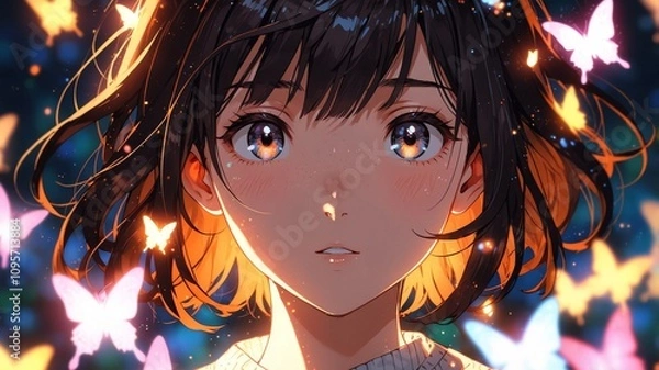 Obraz Enchanting Anime Portrait of a Woman with Butterflies