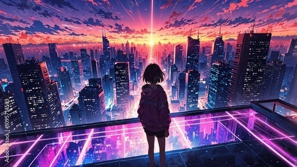 Obraz Futuristic Cityscape at Sunset in Anime Style