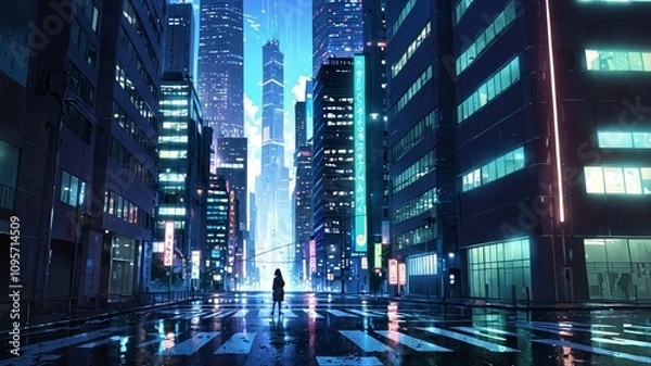 Obraz Futuristic Cityscape with Neon Lights and Rain Effects