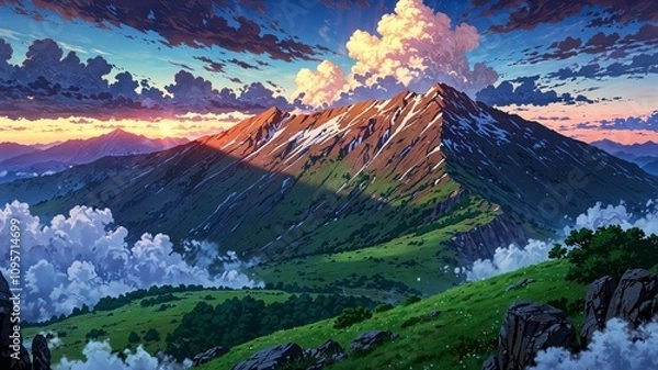 Obraz Majestic Anime Mountain Range at Sunset