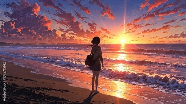 Obraz Mystical Sunset by the Sea in Anime Style