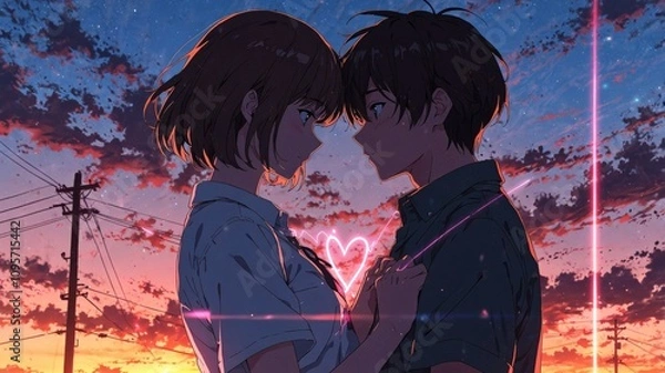 Obraz Romantic Anime Couple Under Neon Sky at Sunset