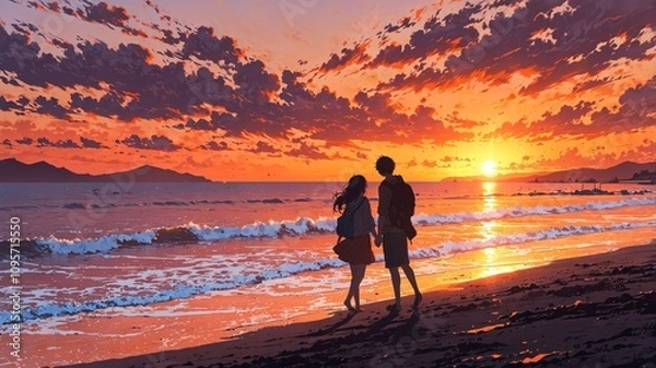 Obraz Romantic Sunset at Seaside with Anime Characters
