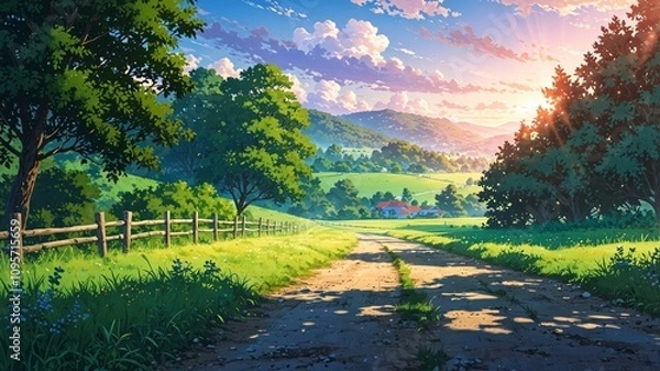 Obraz Serene Countryside Landscape in Anime Style