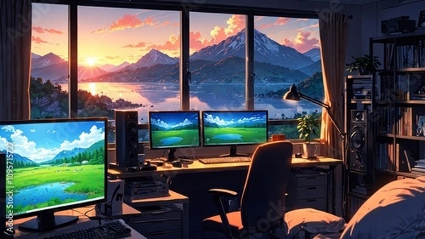 Obraz Serene Anime Workspace Overlooking Mountain and Lake
