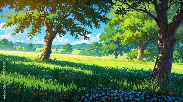 Obraz Serene Meadow with Large Trees in Anime Style