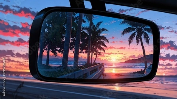 Obraz Sunset Reflections in Rearview Mirror Illustration