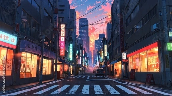 Obraz Vibrant Anime Street Scene in Tokyo at Sunset