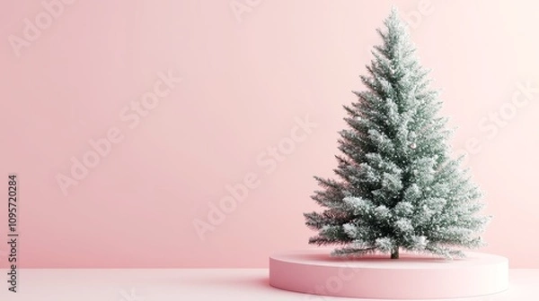 Fototapeta 3D rendering of a minimalist Christmas background featuring a podium scene with green Christmas trees and decorations on a light pink backdrop, perfect for product display or mockup designs