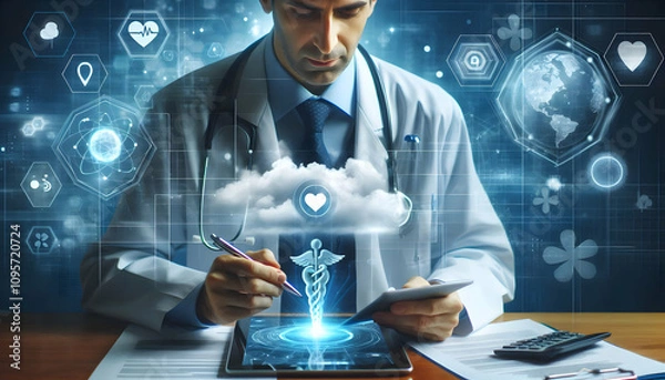Fototapeta Medical A healthcare professional utilizing cloud computing to access patient data and improve healthcare d4