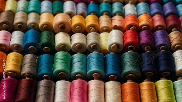 Fototapeta A closeup of vibrant spools of thread in varix Full frame shot of multicolored spool,