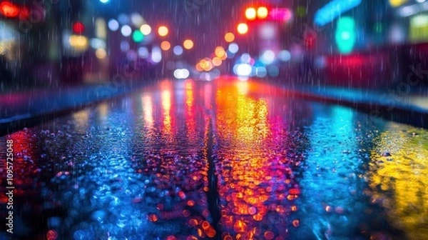 Fototapeta A vibrant, rainy street scene reflecting colorful lights and creating a moody atmosphere.