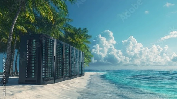 Fototapeta A data center on a tropical beach, blending technology with a serene environment.