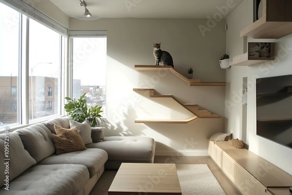 Obraz モダンなリビングルームとキャットウォールでくつろぐ猫 | Modern Living Room with Cat Relaxing on Custom Cat Wall