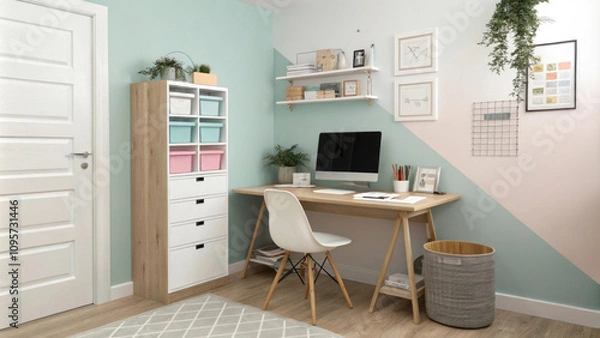 Fototapeta Modern and stylish home office setup with pastel accents
