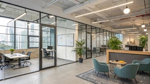 Fototapeta Modern open office space with glass partitions and greenery