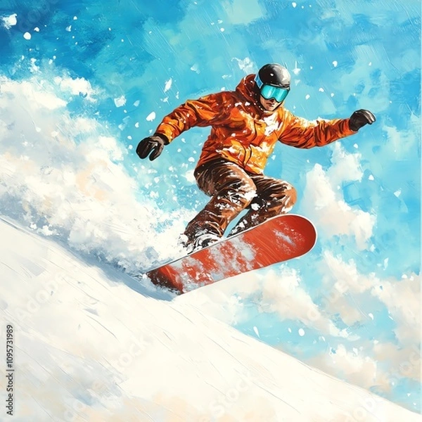 Fototapeta Snowboarder performing a trick on a snowy slope against a bright blue sky.
