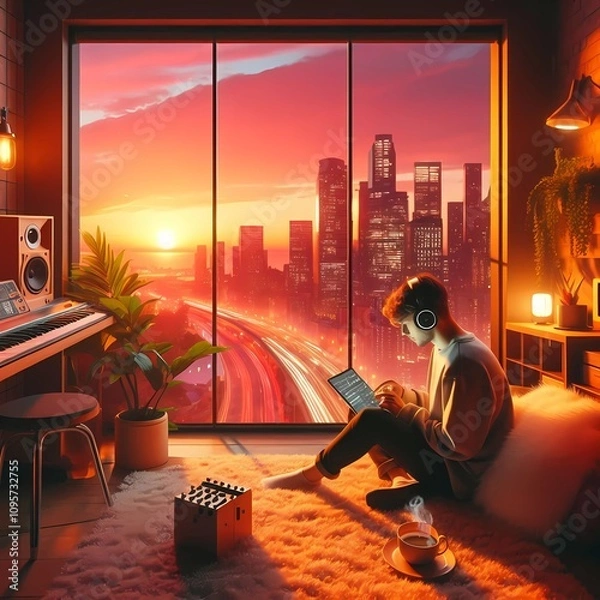Fototapeta Urban Sunset Vibes: A Cozy Creative Haven