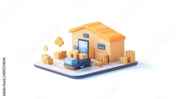Obraz A stylized warehouse with delivery truck and packages, representing logistics and storage.
