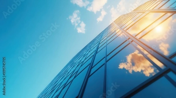 Fototapeta A tall building with a clear blue sky and a large cloud in the background
