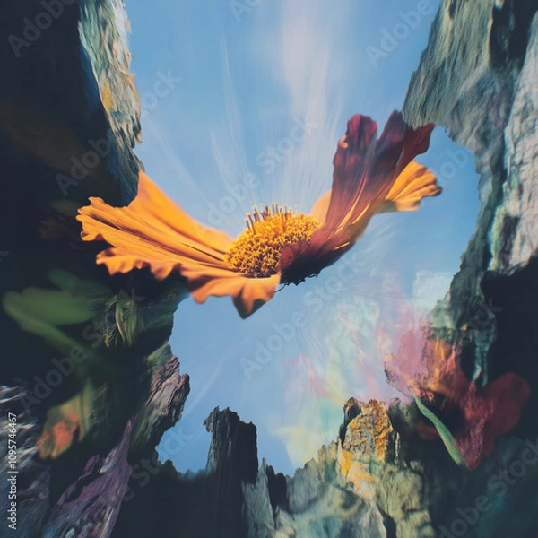 Fototapeta Single Orange Flower with Distorted Reflections