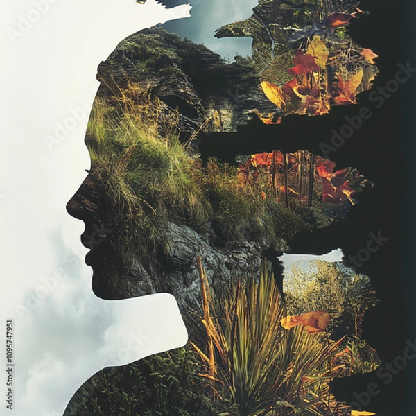 Fototapeta Profile Silhouette Infused with Forest and Grassy Landscape