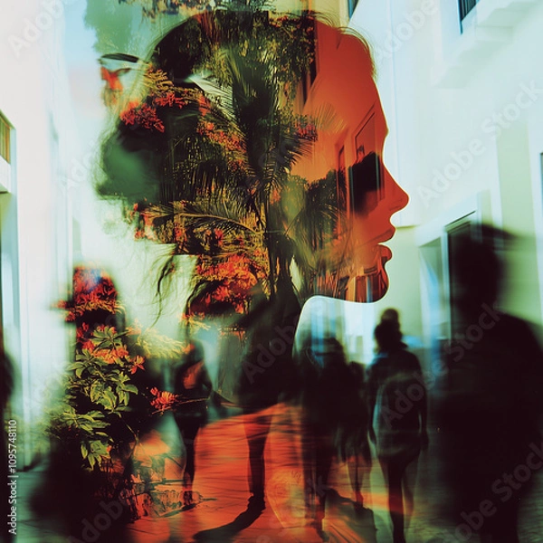 Fototapeta Silhouette Portrait Blended with Urban and Botanical Layers
