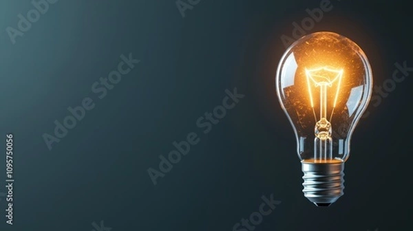 Fototapeta A lone light bulb illuminating against a dark background, its filament glowing brightly, symbolizing a sudden flash of inspiration or a groundbreaking idea.