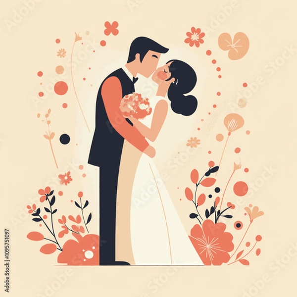 Obraz bride and groom wedding dress. flat design style vector 